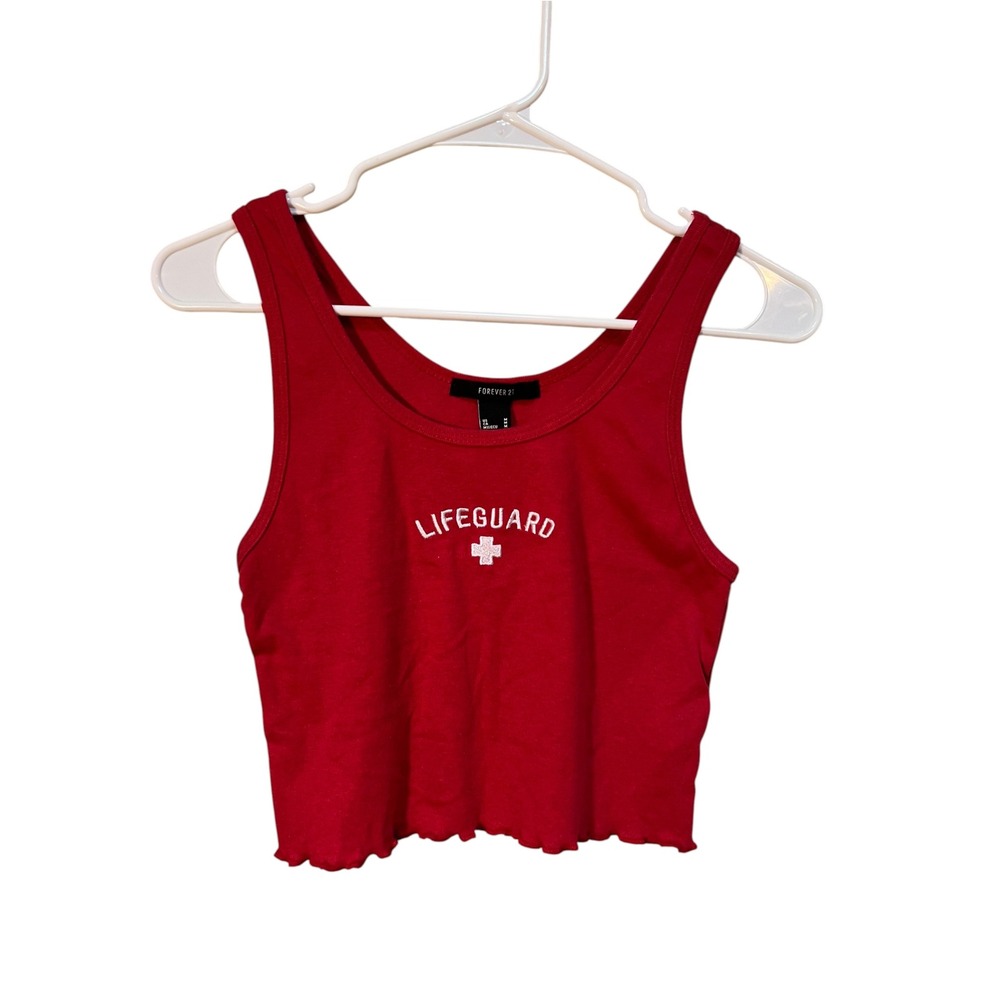 Forever 21 Women's Size Medium Tank Top Red White Lifeguard Lettuce Hem Cropped